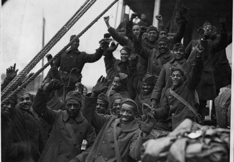 Members of the all Black U.S. Army Infantry Regiment known as the "Harlem Hellfighters" return to New York City in 1919.