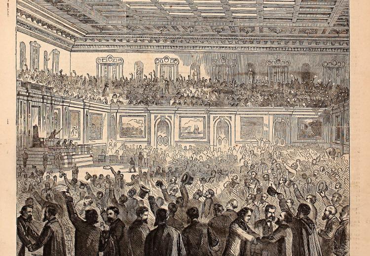 Harper's Weekly cartoon depicting celebration in the House of Representatives after adoption of the Thirteenth Amendment, February 18, 1865.