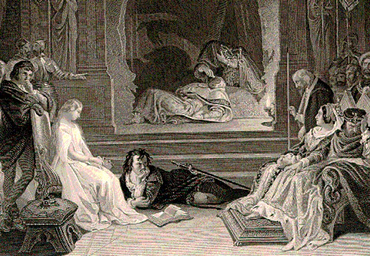 A detail of the engraving of Daniel Maclise's 1842 painting The Play-scene in Hamlet, portraying the moment when the guilt of Claudius is revealed.